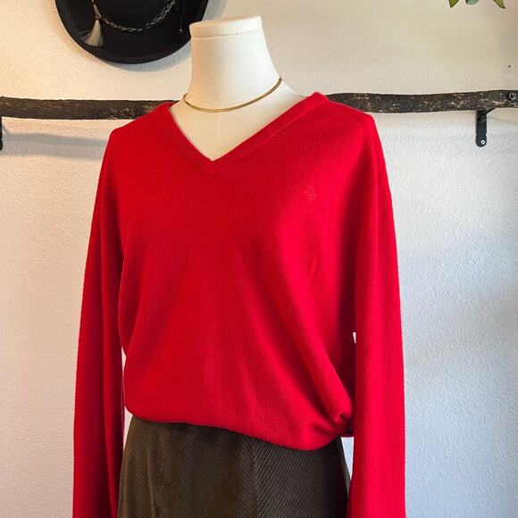 Christian Dior Vintage 90s Red Soft Arlon Acrylic USA Made V Neck Sweater Size L - Picture 1 of 13